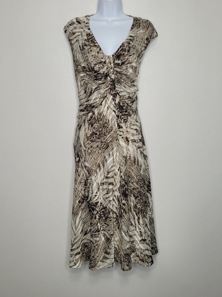 Evan Picone Brown Tone Abstract Flower Print Midi Cap Sleeve Vacation Dress 10